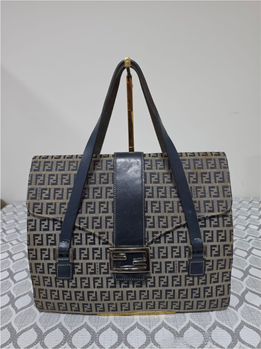 Fendi Vintage FF Zucca Canvas Square Shoulder Bag Navy Blue/Beige